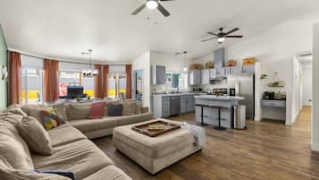 Smart TV, fireplace, video games, table football