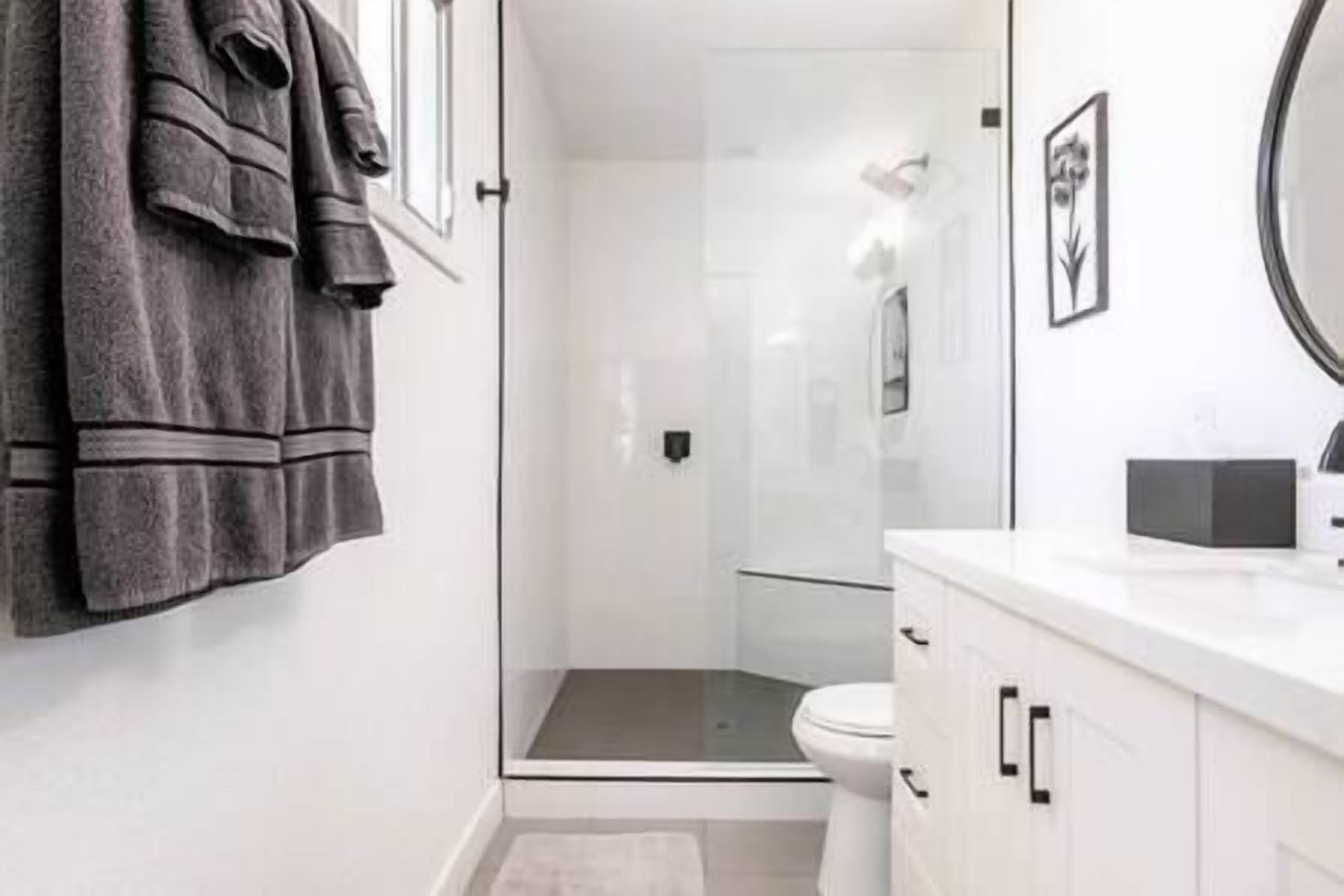A modern bathroom with a glass shower enclosure, a white toilet, and a vanity with a mirror.