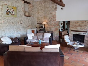 TV, fireplace, DVD player, books