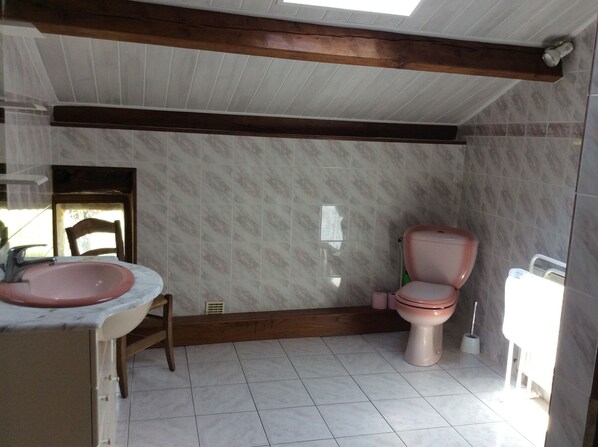 Une salle de bain avec un lavabo en marbre, une chaise en bois, des toilettes et une lucarne.