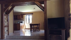 Ampla sala de estar com teto de madeira, televisão, mesa de jantar e cozinha ao fundo.