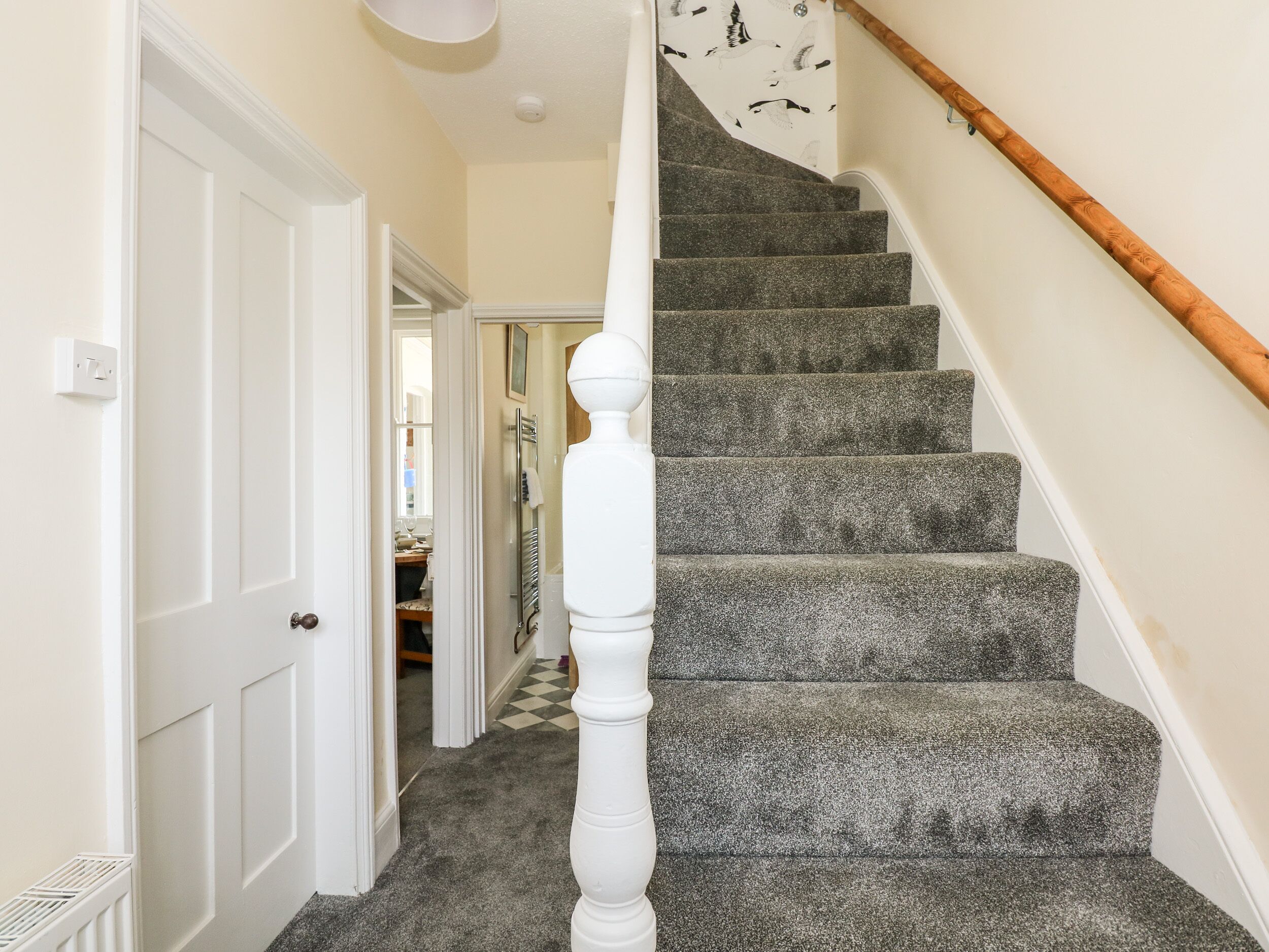 Un escalier avec une balustrade blanche et des marches recouvertes de moquette.
