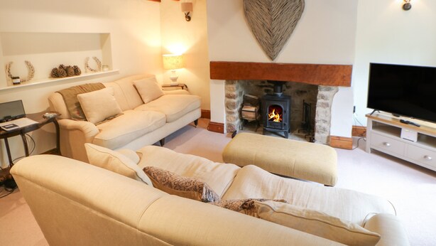 Una sala de estar acogedora con chimenea, un sofá y un televisor.