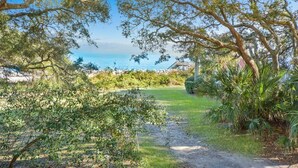 A pathway leading to a beach with trees and shrubs. - Villa 290 - updated condo with gorgeous ocean views (Jekyll Island)