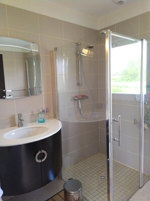 Combined shower/tub, hair dryer, bidet, towels