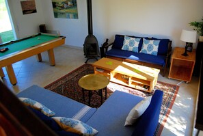 TV, fireplace, DVD player, books