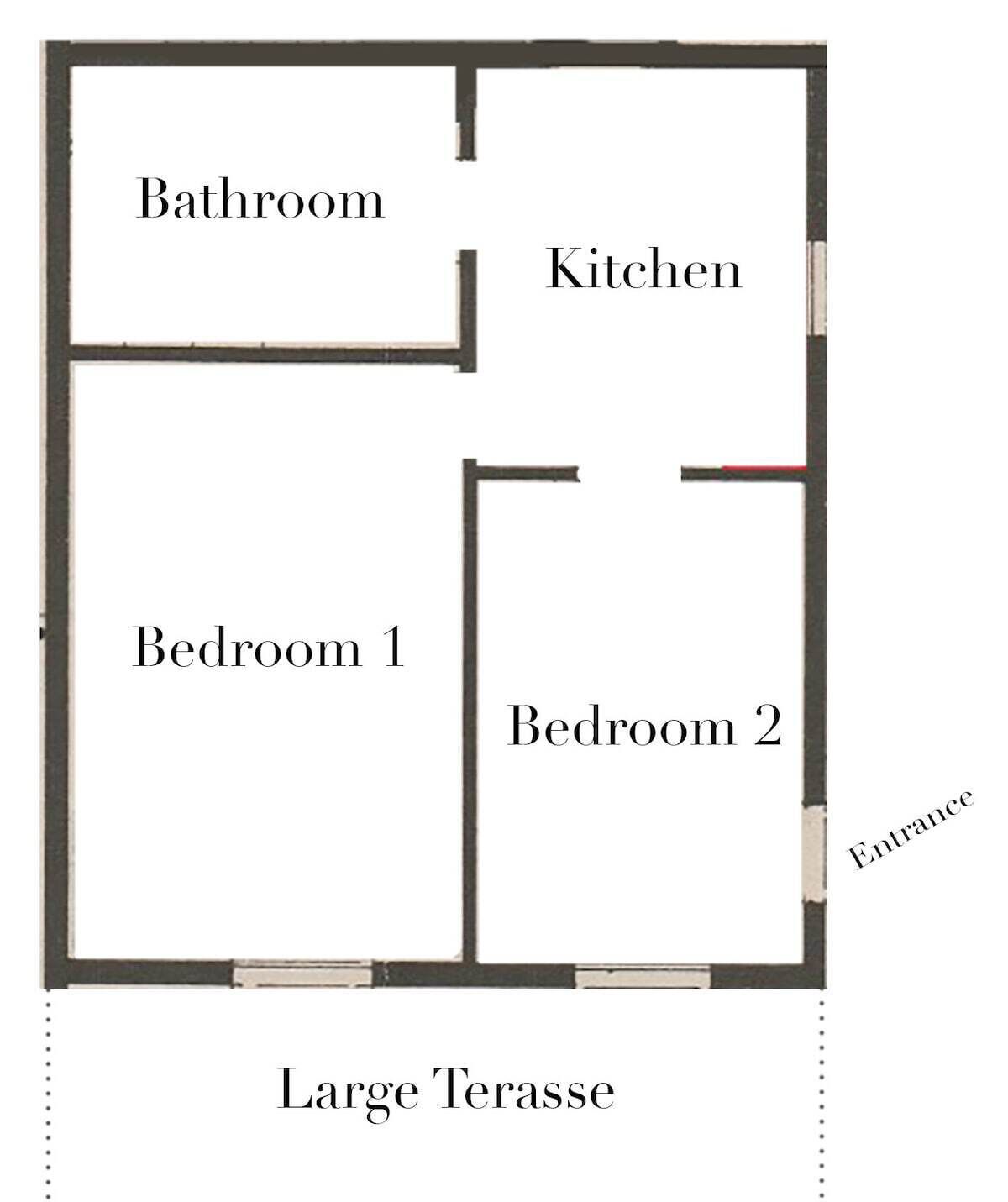 A floor plan with a large terrace, two bedrooms, a bathroom, and a kitchen.