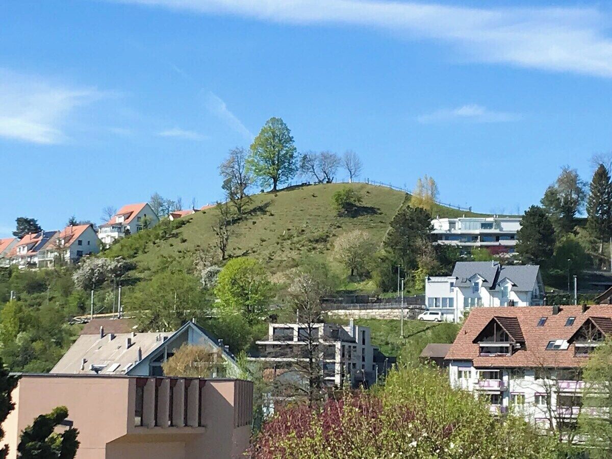A residential area with houses on a hillside, clear skies, and no visible amenities or features.