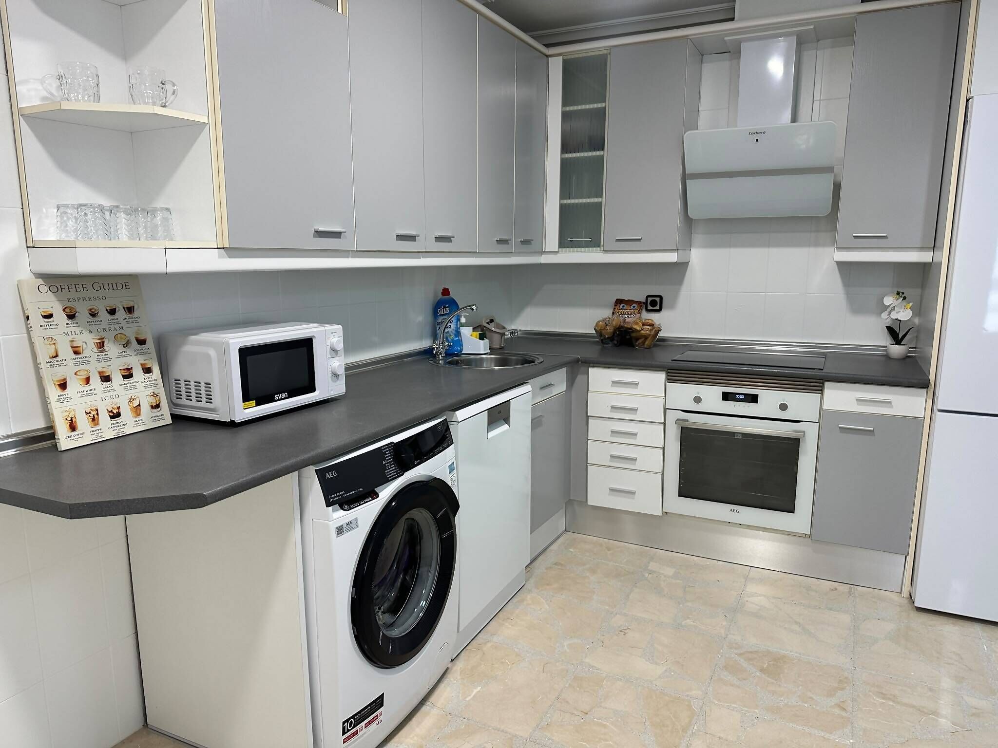 Coffee/tea maker, fridge, microwave, oven