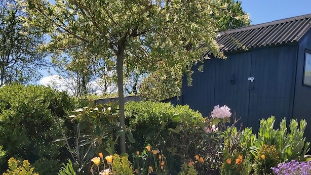A hot tub with a waterfall feature surrounded by a garden with various plants and flowers. - Bluebell House 5 Star Luxury 4 Bdrms and hot tub (Somerton)
