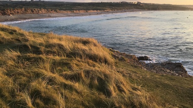 Un paisaje costero con terreno cubierto de hierba y una playa.