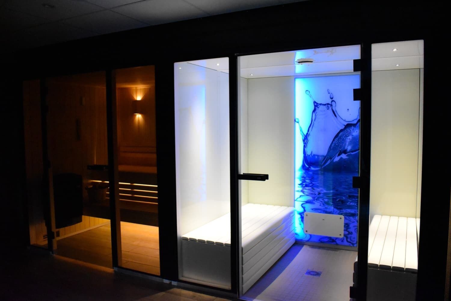 Een moderne hotelkamer met een glazen scheidingswand, een bed en een wandgemonteerde televisie die een blauwe, aquatische scène toont.