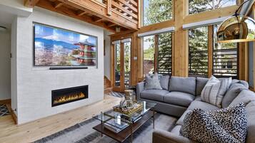 TV connectée, cheminée, écrans d'ordinateur