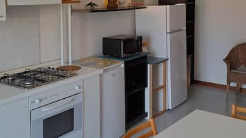 Fridge, stovetop, cookware/dishes/utensils, dining tables