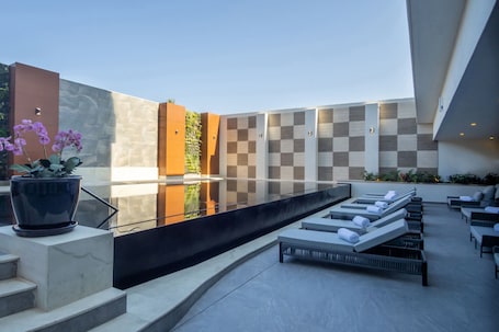 Outdoor pool, open 8:00 AM to 8:00 PM, pool umbrellas, pool loungers. Sheraton Guadalajara Expo