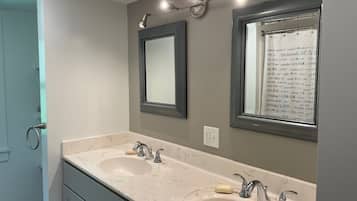 Bathtub, hair dryer, towels, toilet paper