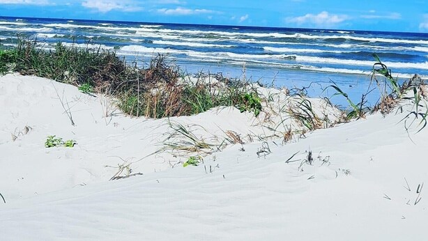 A beach with white sand, waves, and a clear blue sky. - Dream Chaser- Walk to Sandfest & Ocean Breeze! Heated Pool & Pets OK (Port Aransas)