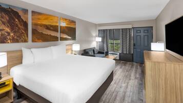 Una habitación de hotel con una cama grande, un escritorio, una silla, un televisor y un armario.