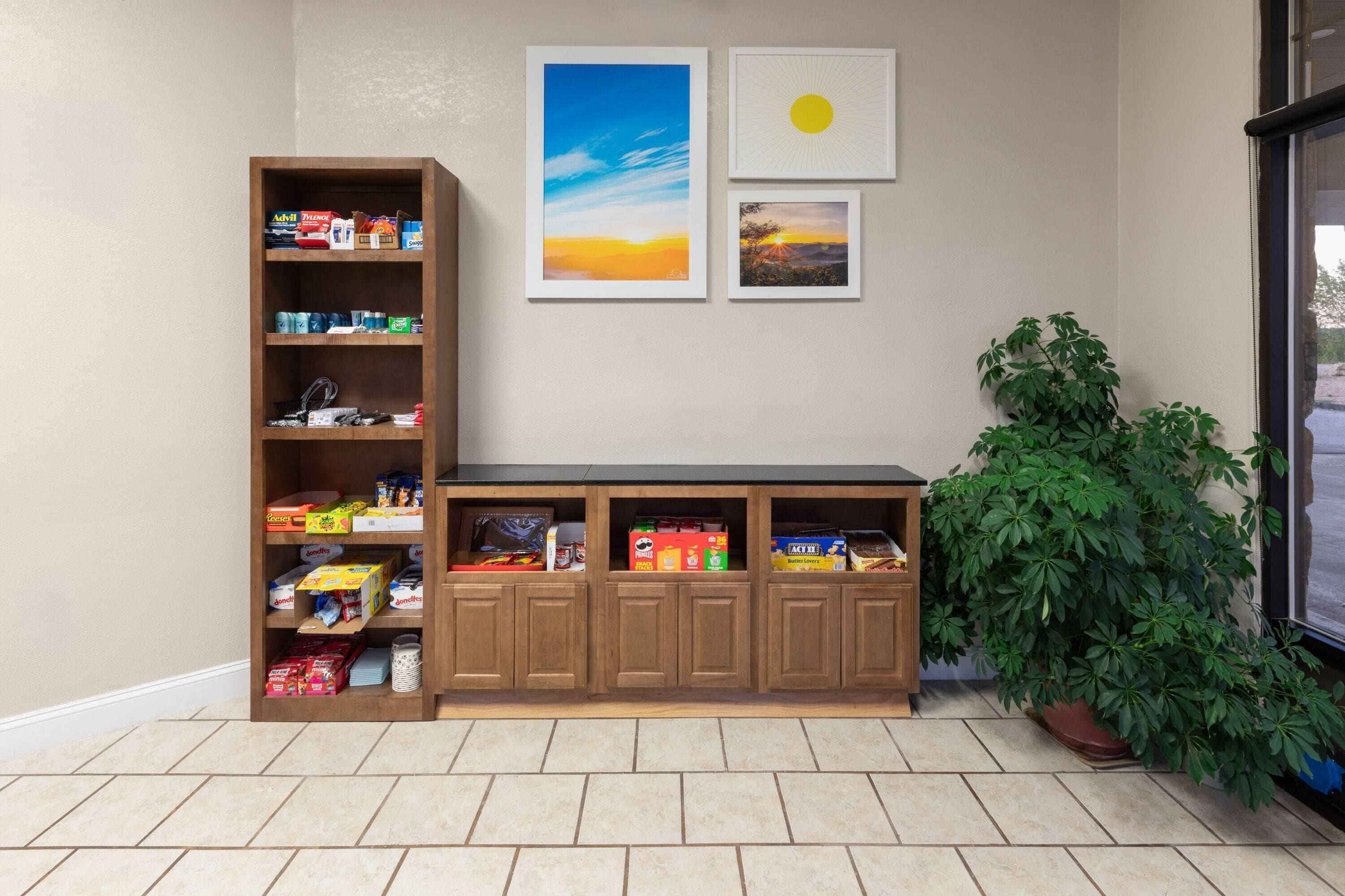 Una kitchenette con un mueble de madera y una encimera, una planta en maceta y cuadros en la pared.