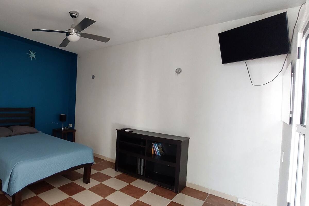 Une chambre à coucher avec un lit, une table de chevet, un téléviseur et un ventilateur de plafond.