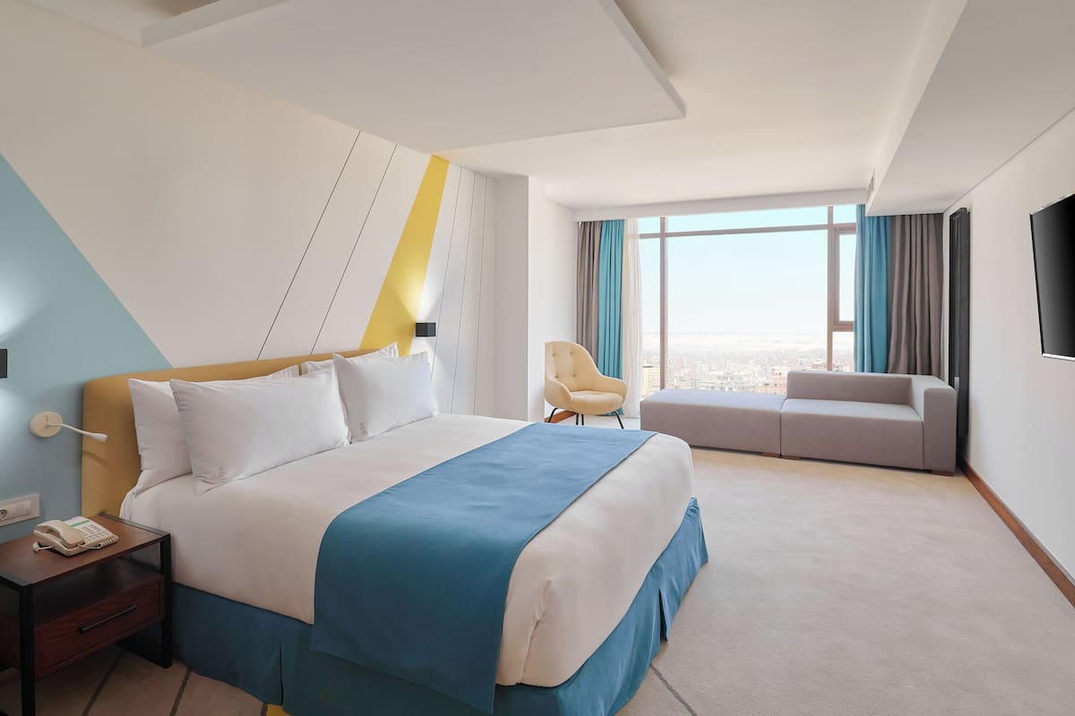 A hotel room with a bed, a sofa, a chair, a TV, and a city view.