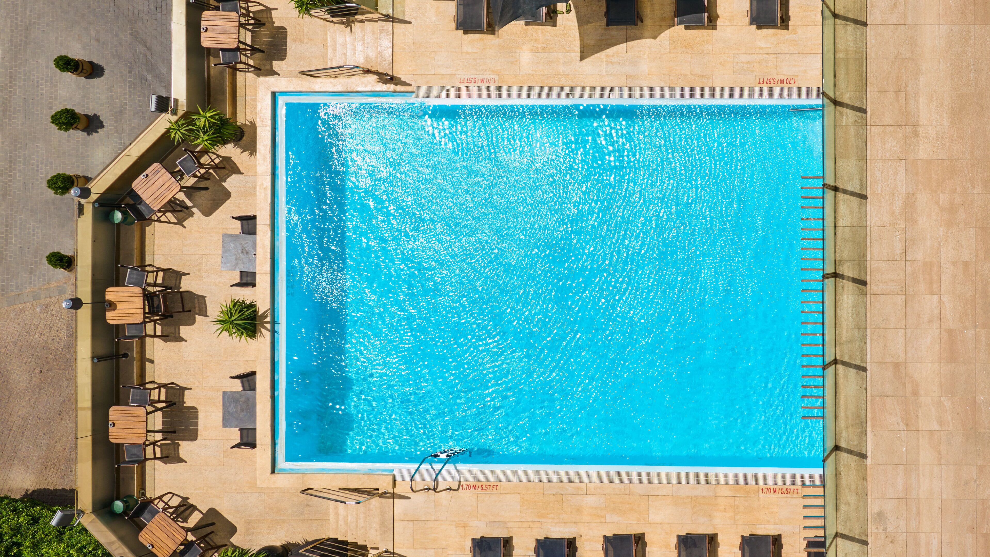 An aerial view of a rectangular swimming pool surrounded by lounge chairs and potted plants.