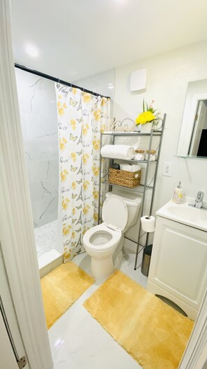 Combined shower/tub, hair dryer, towels