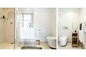 Hair dryer, towels, toilet paper