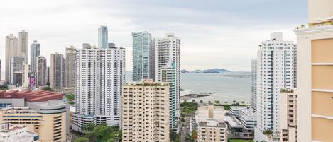 A high-rise urban area with multiple buildings, a body of water, and a distant mountain range.