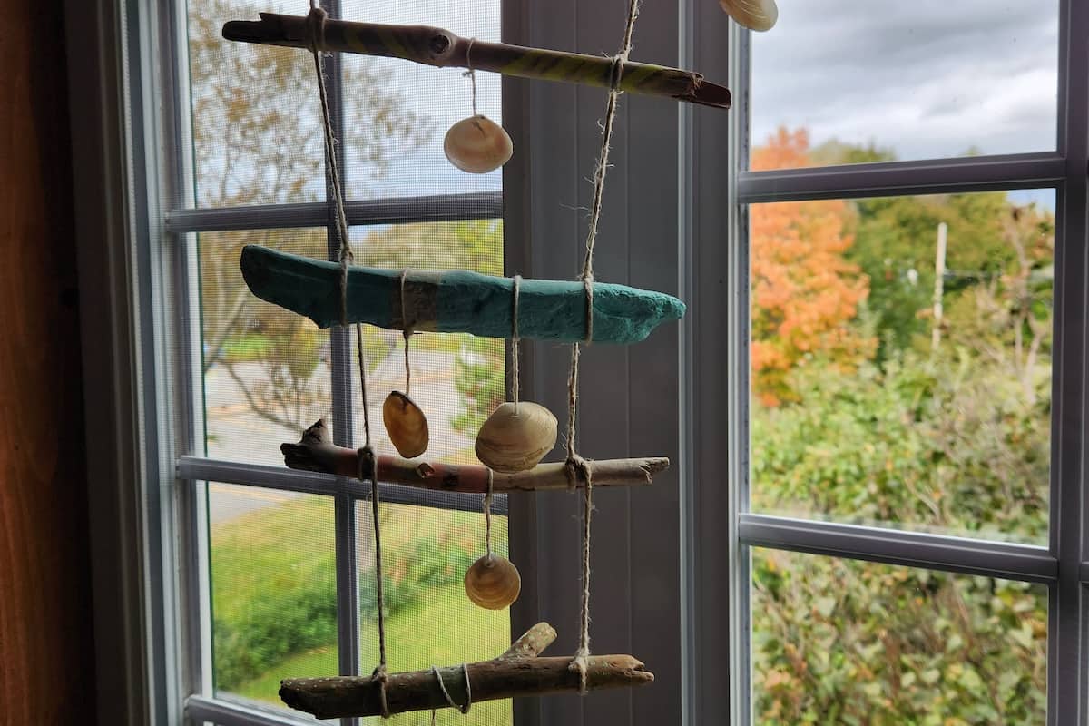 A bird feeder hanging by a window with a view of a garden and trees.