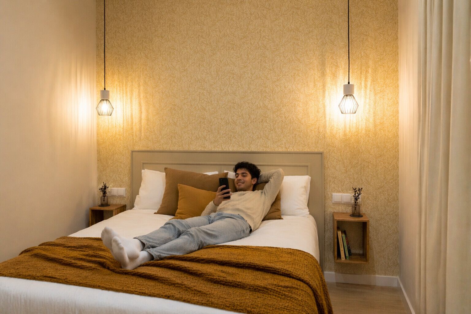Una persona recostada en una cama dentro de una habitación con papel tapiz estampado, dos lámparas de noche y una mesita de noche con un libro.