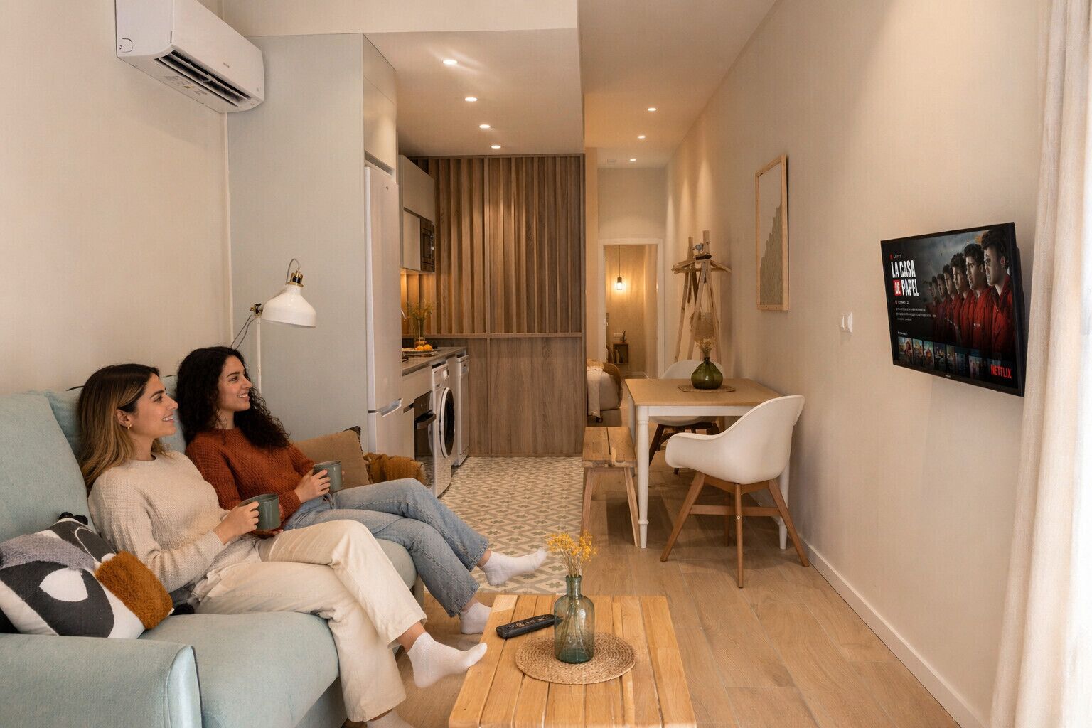 A living room with a sofa, a coffee table, and a TV mounted on the wall.