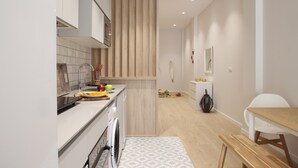 A modern kitchen with white cabinetry, a wooden accent wall, a built-in dishwasher, and a dining area with a bench. - The Sea Rooms I | AC & WIFI | 15 min Beach (Valencia)