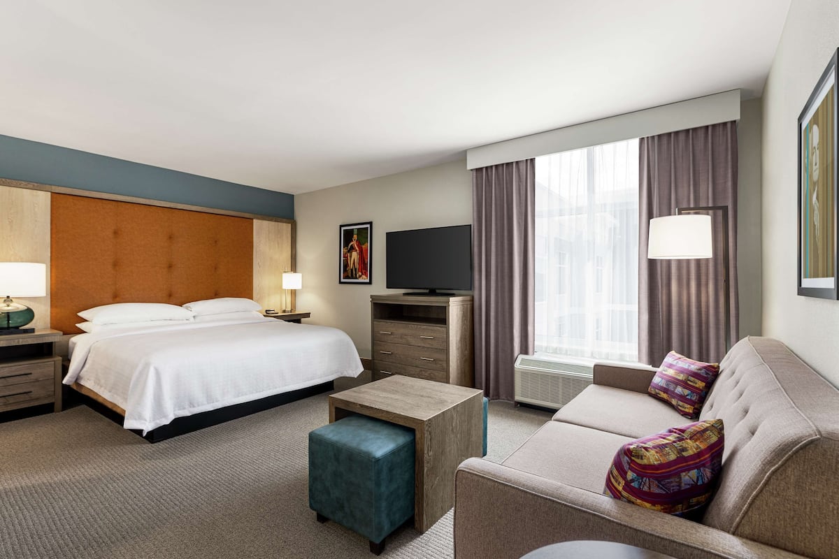 Ein Hotelzimmer mit einem Bett, einem Sofa, einem Fernseher, einem Schreibtisch und einem fensterbepflanzten Fenster.