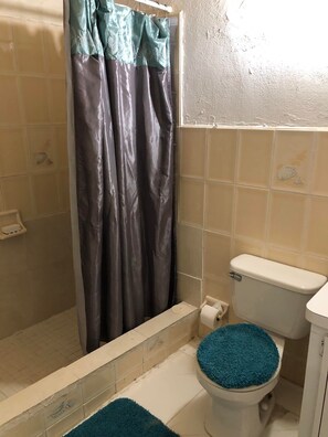 Douche, serviettes fournies, savon, shampoing