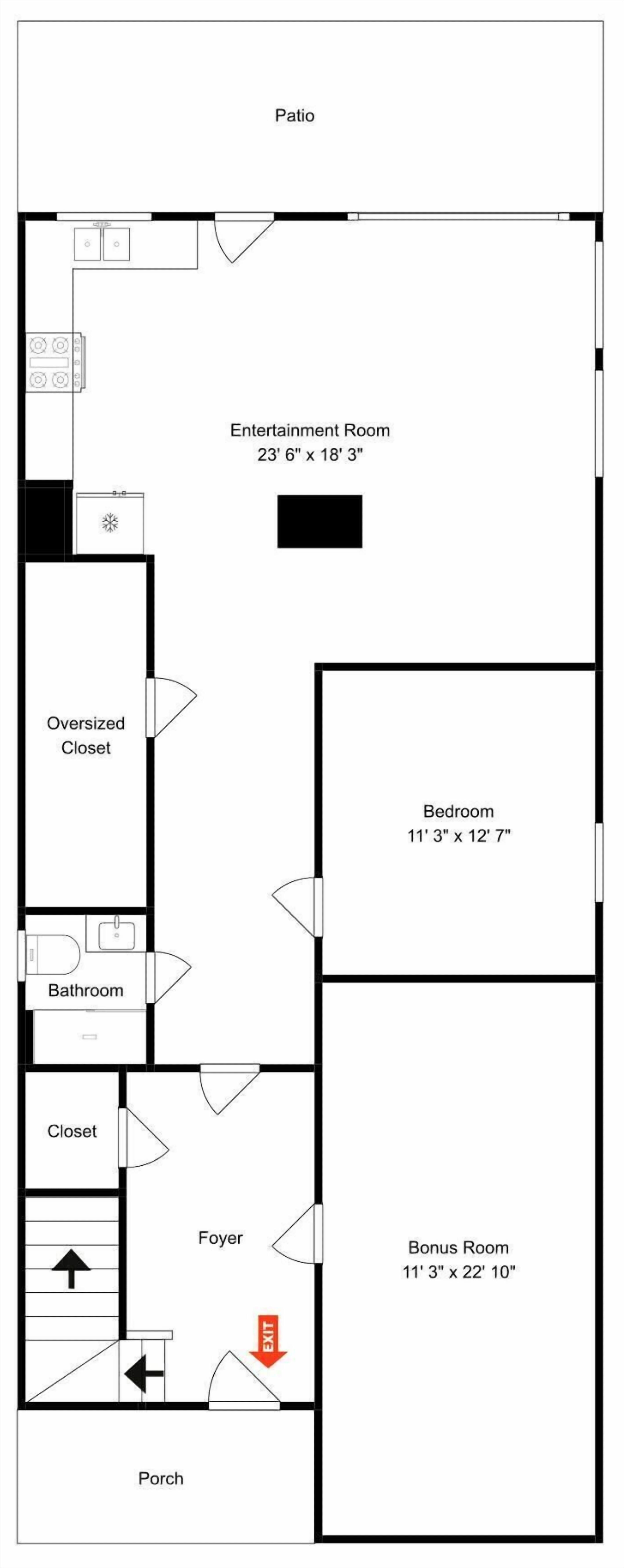 A floor plan with a patio, entertainment room, oversized closet, bedroom, bathroom, foyer, bonus room, and porch.