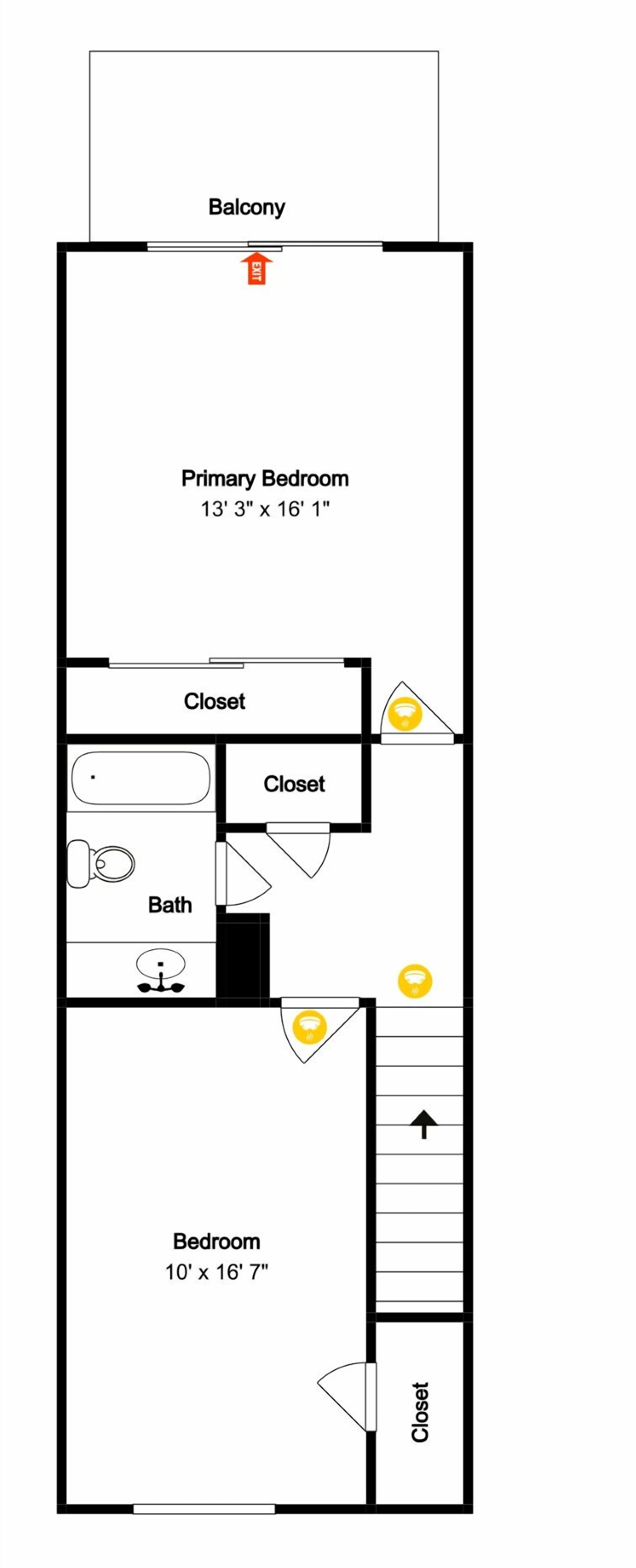 A floor plan of a hotel room with a balcony, a primary bedroom, a closet, a bathroom, and a smaller bedroom.