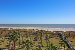 A coastal view with a beach, palm trees, and a boardwalk. - Pelican Pathway by Ryson Vacation Rentals (Galveston)