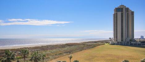A high-rise hotel overlooking a beach with a clear view of the ocean.