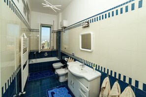 Bathtub, hair dryer, bidet, towels