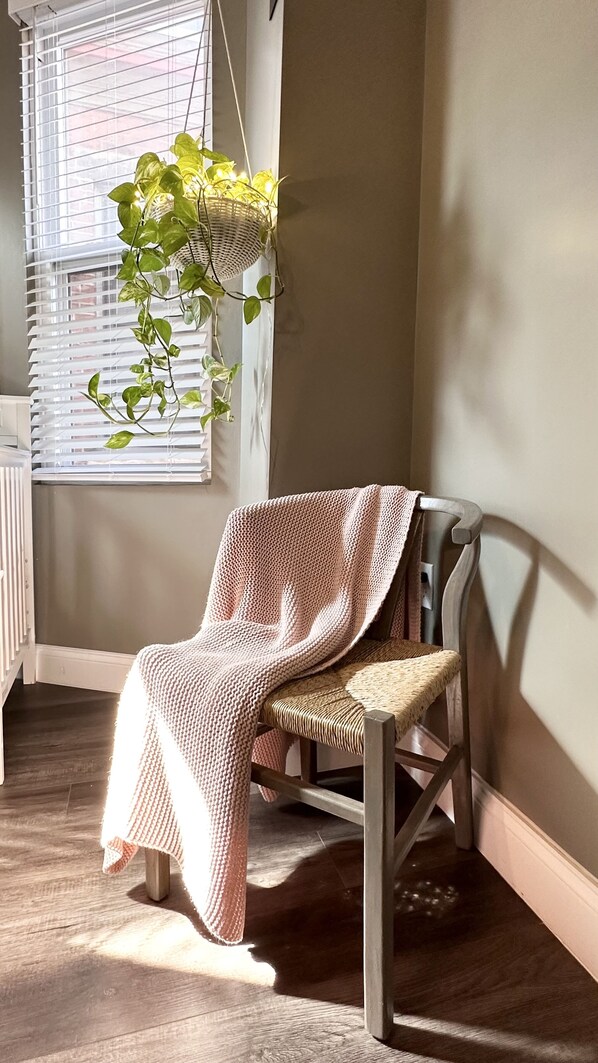 A corner room with a chair covered in a knitted blanket, a hanging plant with lights, and a window with blinds.