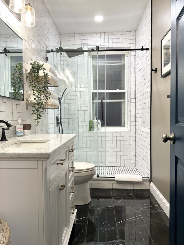 Shower, hair dryer, towels, soap