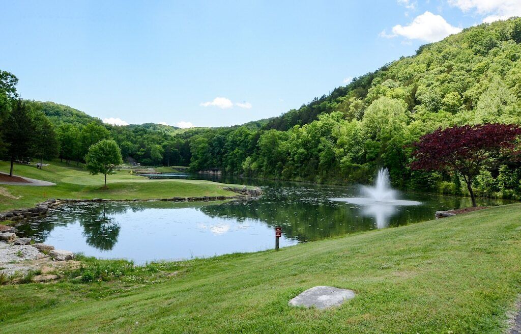 A serene landscape with a pond, a fountain, and lush greenery.