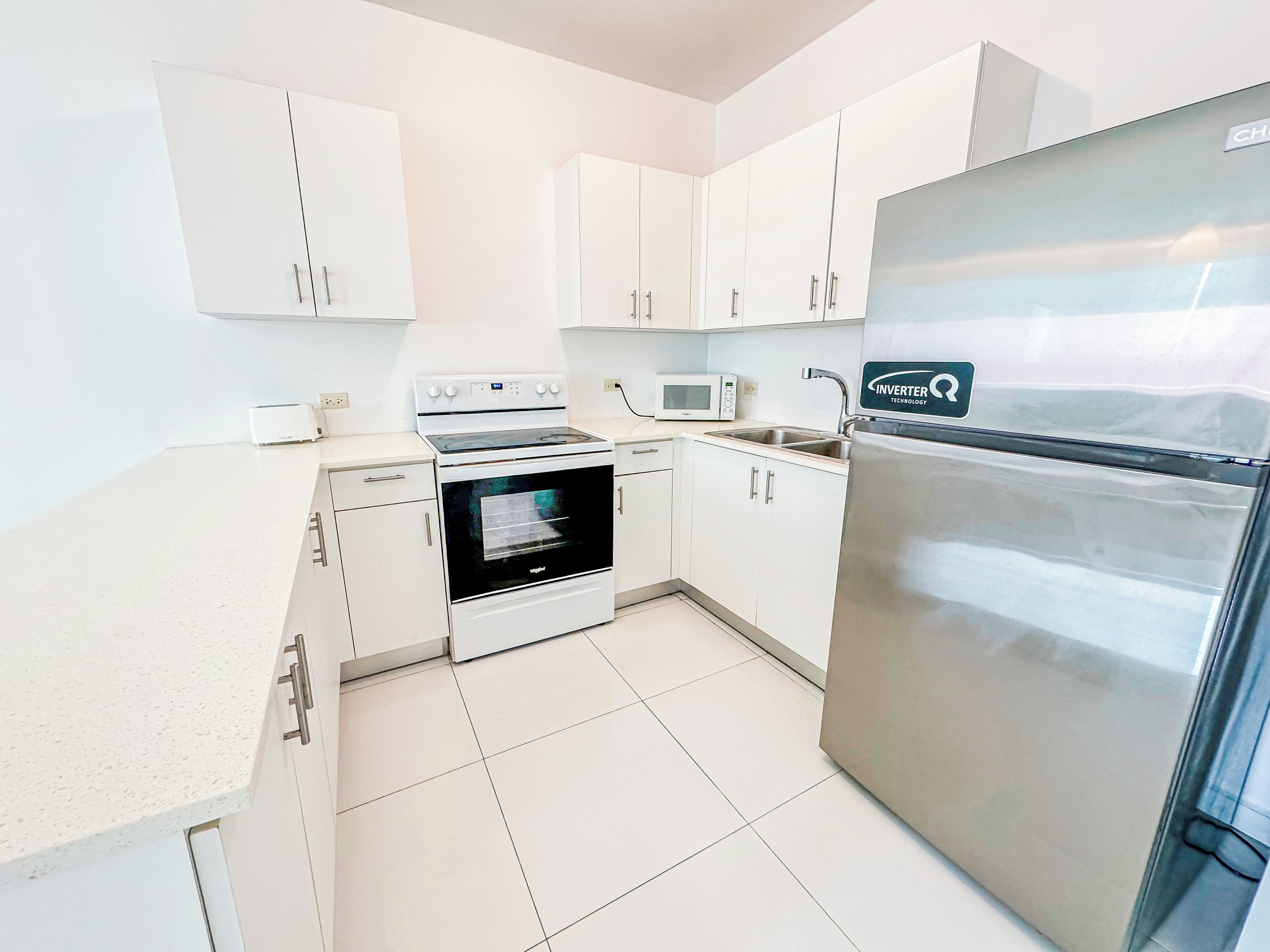 Fridge, microwave, cookware/dishes/utensils