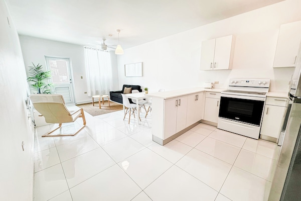 Fridge, microwave, cookware/dishes/utensils