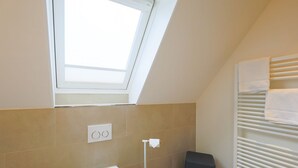 A bathroom with a skylight, a toilet, a towel rack, and a radiator.