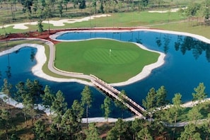 Un campo de golf con un obstáculo acuático, un puente y árboles circundantes.