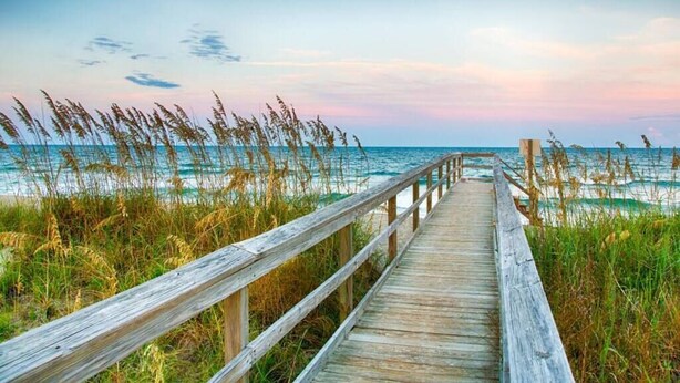 A wooden boardwalk leading to the beach, surrounded by tall grasses. - Calm Retreat or Golf Getaway! Close to Local  Attractions. (Calabash)