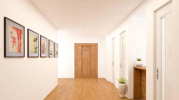 A hallway with wooden flooring, white walls, and framed artwork on the left. - Asakusa HomeSuites Tokyo (Tokyo)