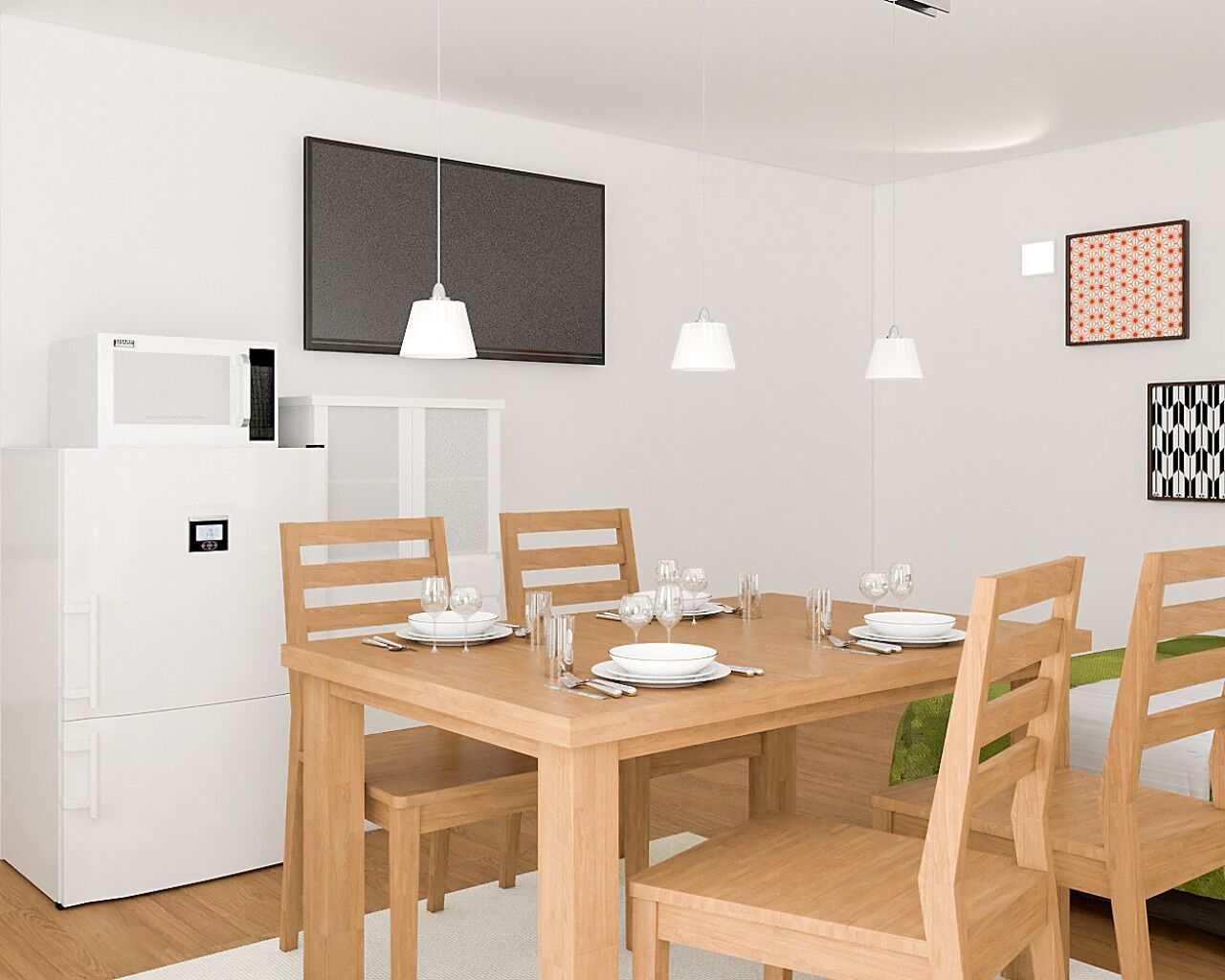 Un comedor moderno con una mesa de madera preparada para cuatro personas, sillas blancas y un refrigerador blanco.